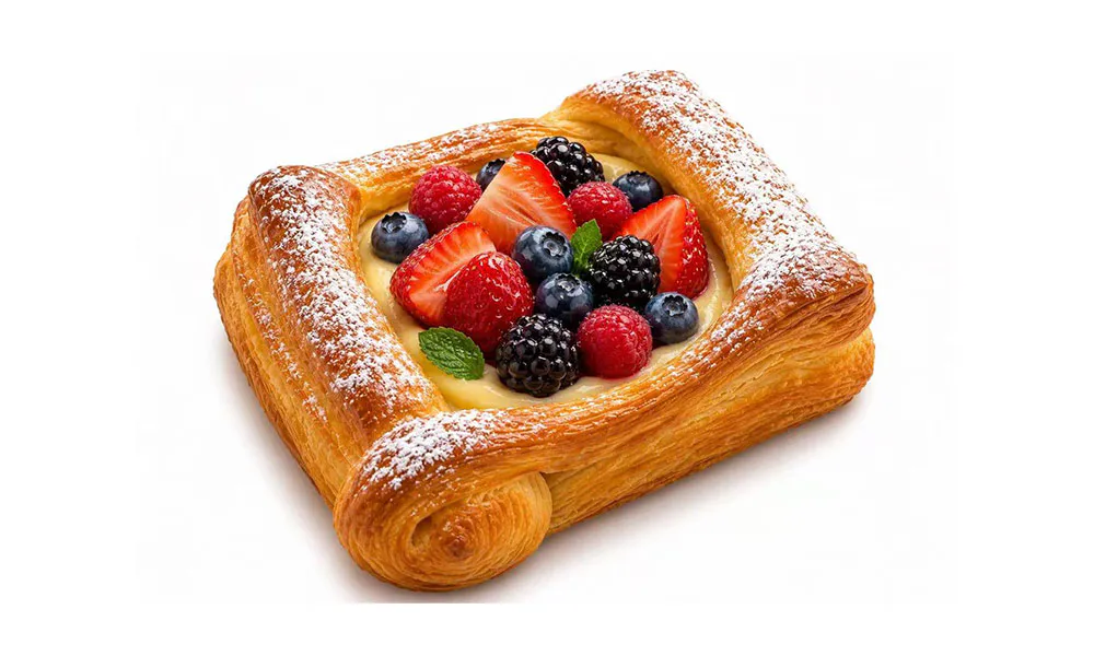 Square flaky fruit pastry filled with cream, mixed berries, mint leaf and dusted powdered sugar at Sweet Cottage Cafe, a Dessert shop in Lexington