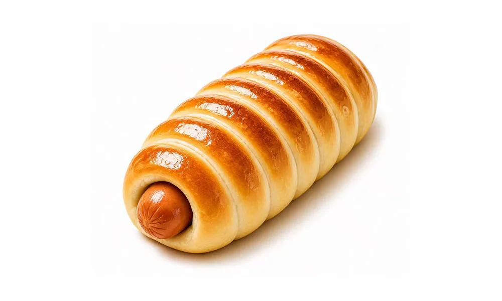 Glossy spiral bread roll wrapped around a single hot dog sausage against plain white background at Sweet Cottage Cafe, a Dessert shop in Lexington