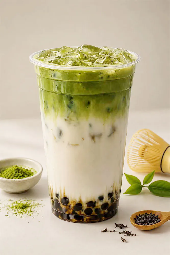 Layered matcha bubble milk tea with boba pearls, matcha powder and tea whisk decor on neutral table at Sweet Cottage Cafe, a Dessert shop in Lexington