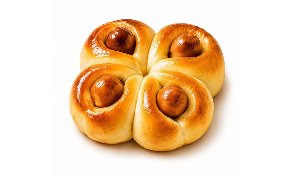 Four connected soft baked sausage buns with glossy golden crust and embedded mini sausages at Sweet Cottage Cafe, a Dessert shop in Lexington